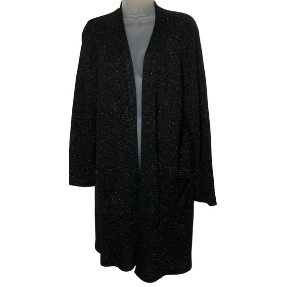 Eileen Fisher Metallic Black Open knit cardigan sweater holiday large NWOT wool - Picture 7 of 7